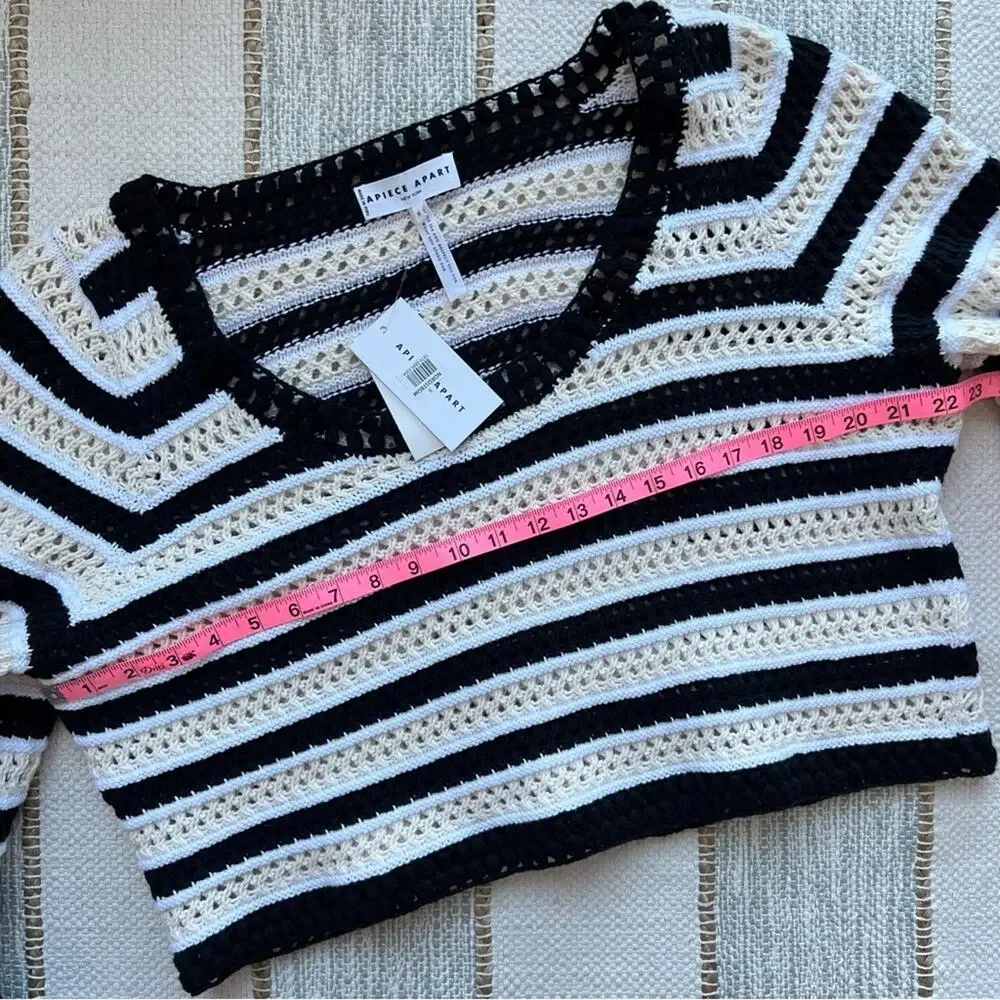Apiece Apart Black White Striped Open Crochet Knit Slouchy Pullover Sweater XL - Picture 6 of 9